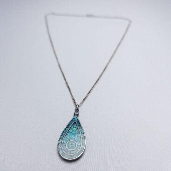 Vintage Blue Inlaid Stone Drop Shape Pendant, Silver Tone Setting and Chain - Picture 2 of 7